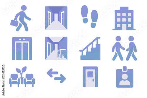 Interior and navigation flat icon set. featuring elevator, stairs, hallway, lobby, office, and footprint symbols