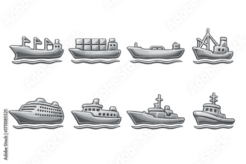 Shipping and transportation silhouette icon set. featuring cargo ship, container vessel, cruise liner, fishing boat, yacht, and tugboat symbols