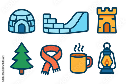 Winter silhouette icon set. featuring igloo, snow slide, tree, scarf, mug, lantern