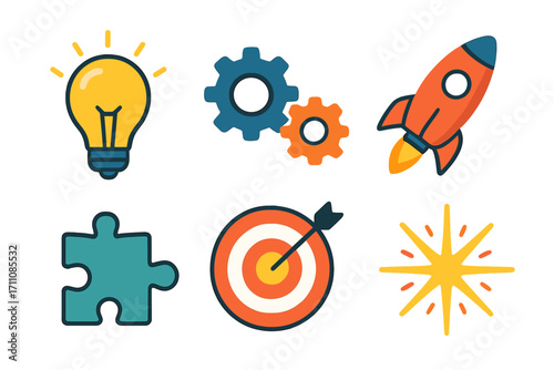 Innovation concept flat icon set. featuring lightbulb, gears, rocket, puzzle piece, target, spark