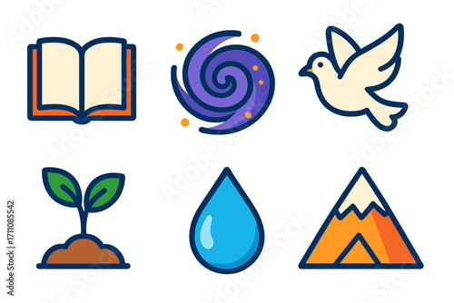 Nature elements flat icon set. featuring book, galaxy, dove, plant, water drop, and mountain symbols