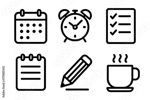 Office essentials linear icon set. featuring calendar, alarm clock, checklist, notebook, pencil, coffee cup