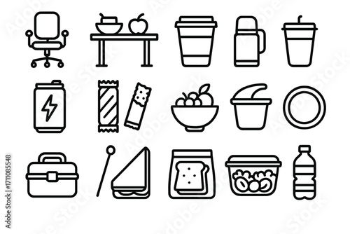 Office and snack linear icon set. chair, desk, cup, thermos, battery, snack, fruit bowl, lunch box