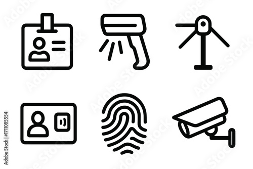 Security and identification linear icon set. featuring id card, barcode scanner, wind turbine, fingerprint, and cctv camera symbols