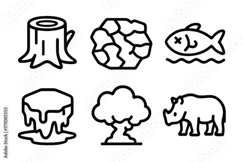 Environment silhouette icon set. featuring deforestation, drought, pollution, climate change, extinct animals, endangered species