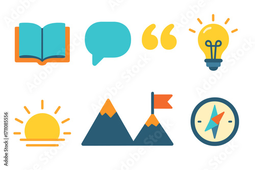 Education and exploration flat icon set. featuring book, speech bubble, quotes, light bulb, sunrise, mountains, compass
