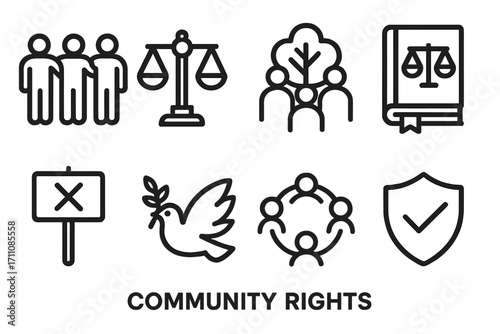 Community rights linear icon set. including justice, peace, protest, equality, and protection symbols