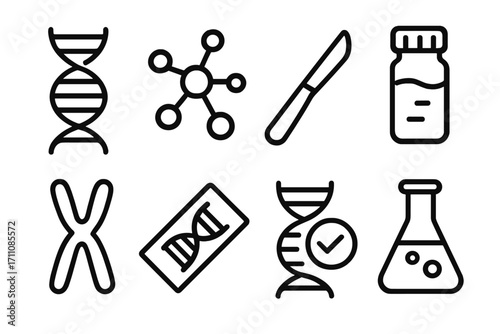 Biotechnology linear icon set. featuring dna, molecule, scalpel, vial, chromosome, test tube, genetic verification.