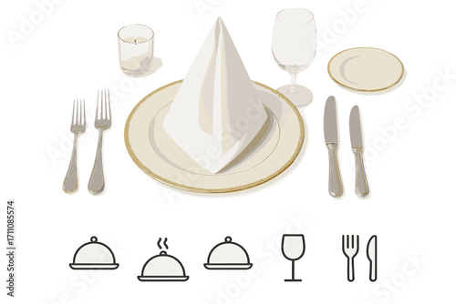 Dining etiquette silhouette icon set. featuring dinner plate, cloche, glass, fork, spoon, knife, and napkin.