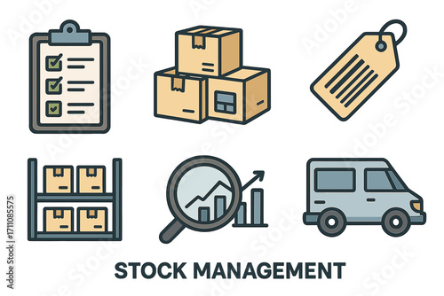 Business management flat icon set. featuring inventory, delivery, analytics, label, storage, and checklist icons