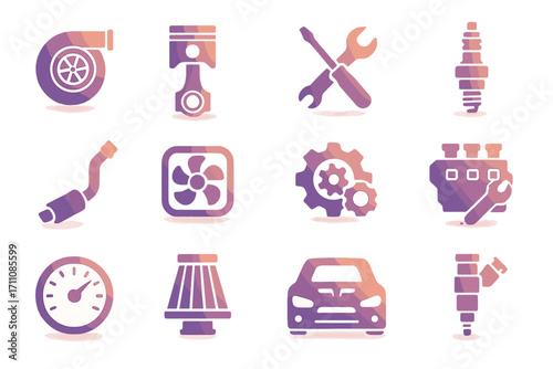 Vehicle repair silhouette icon set. featuring turbocharger, piston, wrench, spark plug, engine, exhaust, and car