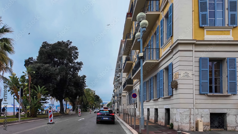 Obraz premium French Riviera. Promenade des Anglais in Nice, Provence-Alpes-Cote d'Azur, France 27 February 2025. 
