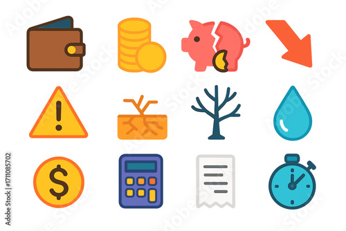 Financial management flat icon set. featuring wallet, coins, piggy bank, caution, tree, raindrop, calculator, receipt, timer