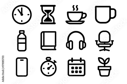 Office essentials linear icon set. featuring clock, mug, bottle, book, headphones, chair, stopwatch, calendar, plant and phone