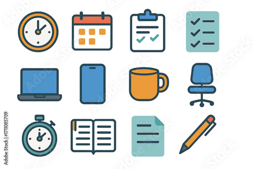 Office tools linear icon set. featuring clock, calendar, clipboard, checklist, laptop, phone, coffee cup, chair