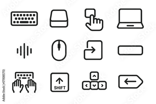 Computer tools silhouette icon set. featuring keyboard, mouse, laptop, touchpad, and navigation symbols