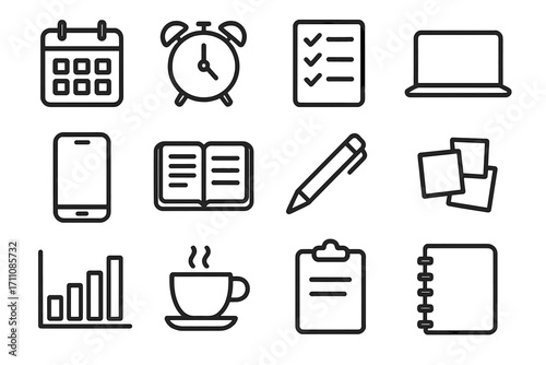 Office essentials linear icons set. featuring calendar, clock, checklist, laptop, smartphone, book, pen