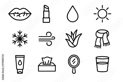Healthcare linear icon set. featuring lips, lipstick, drop, sun, snowflake, wind, aloe, scarf, cream, tissue, mirror, glass