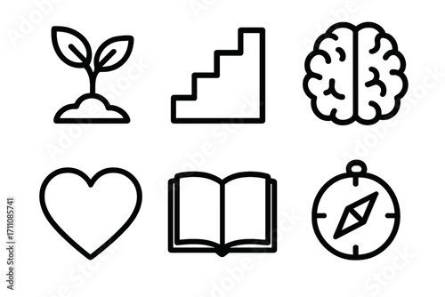 Education and growth silhouette icon set. featuring plant, stairs, brain, heart, book, and compass symbols