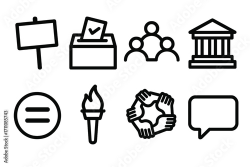 Politics and communication flat icon set. featuring voting, teamwork, government, prohibition, torch, unity, and speech bubble symbols