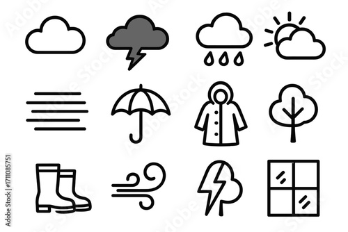 Weather conditions linear icon set. featuring cloud, storm, rain, sun, wind, umbrella, tree, boots, lightning, window