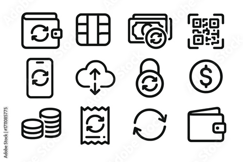 Finance and money linear icon set. featuring wallet, budget, currency, qr code, mobile, cloud, coin symbols