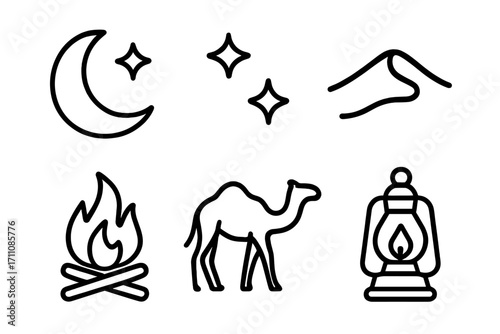 Camping silhouette icon set. featuring stars, moon, mountains, fire, camel, lantern
