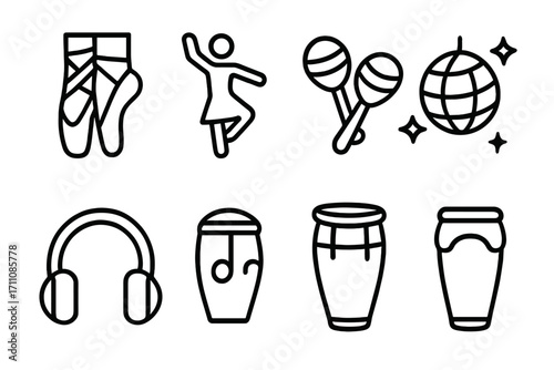Music and dance flat icon set. featuring ballet, dancer, maracas, disco ball, headphones, drums, bongo