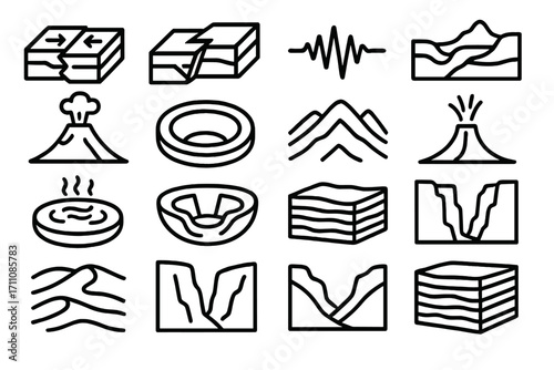 Geological features linear icon set. featuring earthquake, seismic wave, volcanic activity, and terrain symbols