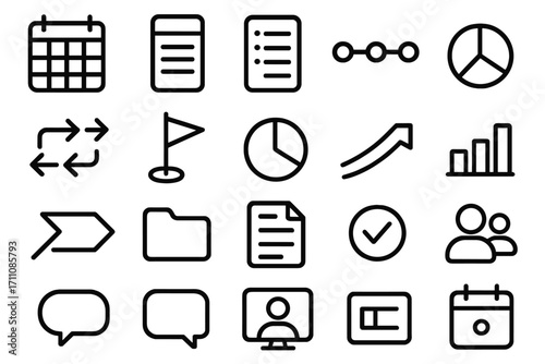 Business and analytics linear icon set. featuring calendar, document, chart, graph, folder, profile, and communication symbols