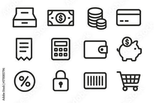 Finance and shopping silhouette icon set. featuring cash register, money, coins, credit card, and calculator symbols.