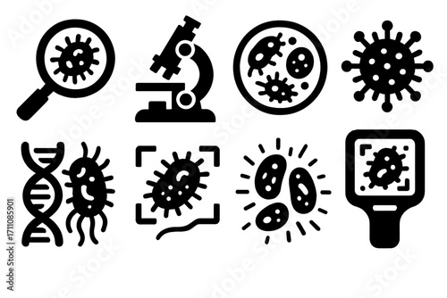 Medical research silhouette icon set. featuring bacteria, microscope, virus, dna, petri dish, and test symbols