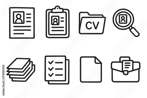 Job application silhouette icon set. featuring resume, cv, magnifying glass, checklist, folder, and briefcase