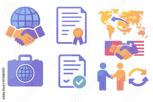 Business silhouette icon set. featuring handshake, contract, global, partnership, briefcase, agreement, negotiation