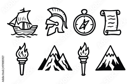 Ancient exploration silhouette icon set. featuring ship, helmet, compass, scroll, torch, mountain.