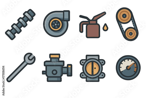 Automotive tools flat icon set. featuring camshaft, turbocharger, oil can, belt, wrench, valve, speedometer