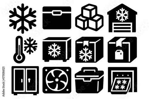 Cold storage silhouette icons set. featuring freezer, ice box, thermometer, snowflake, fan, and warehouse symbols