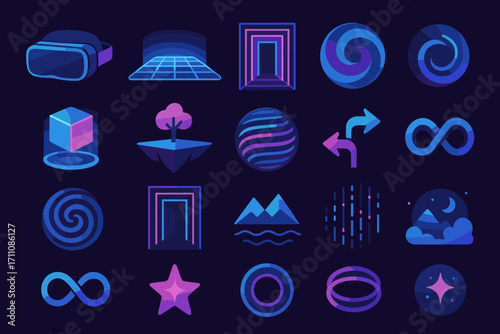 Futuristic flat icon set. featuring vr headset, neon grid, portals, spirals, floating island, and infinity symbols