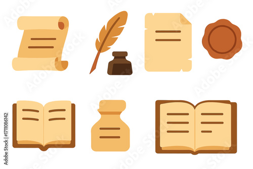 Ancient writing silhouette icon set. featuring scroll, quill, ink, seal, manuscript, and book symbols