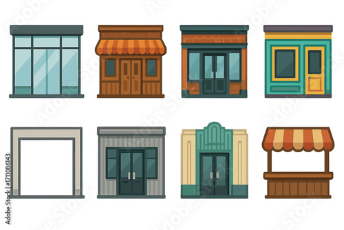 Storefront flat icon set. featuring glass, boutique, retro, cafe, bakery, modern, classic, and market designs
