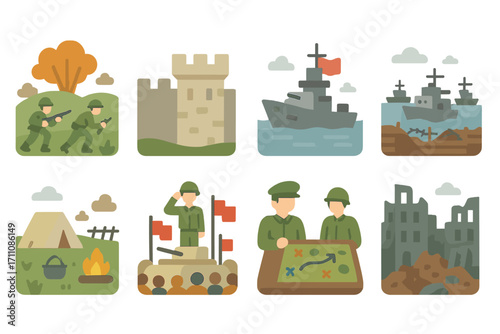 Military operations flat icon set. featuring soldiers, fortress, warships, trenches, camp, command, planning, ruins