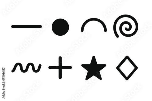 Geometric shapes silhouette icon set. featuring line, circle, arc, spiral, wave, cross, star, diamond