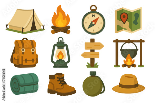 Camping equipment silhouette icon set. featuring tent, campfire, compass, map, backpack, lantern, and hiking boot symbols