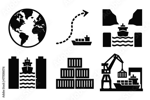 Maritime transport silhouette icon set. featuring globe, shipping, route, canal, containers, and crane symbols