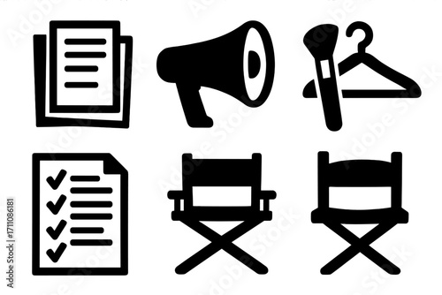 Theater and production silhouette icon set. featuring script, megaphone, makeup, hanger, checklist, and director's chair symbols