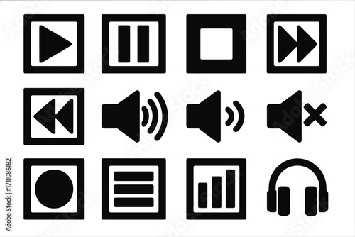 Media control silhouette icon set. featuring play, pause, stop, forward, rewind, volume, and headphones