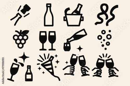 Celebration drinks silhouette icon set. featuring champagne, wine glass, bottle, toast, and confetti symbols