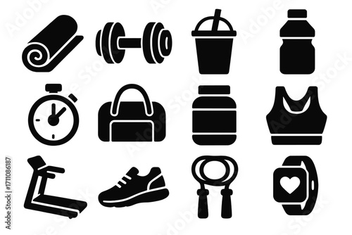 Fitness gear silhouette icon set. featuring yoga mat, dumbbell, smoothie, water bottle, stopwatch, and more