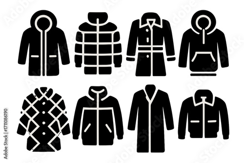 Winter clothing silhouette icon set. featuring coat, parka, jacket, and hoodie designs