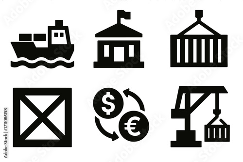 Logistics and shipping silhouette icon set. featuring ship, warehouse, container, crate, currency exchange, crane.